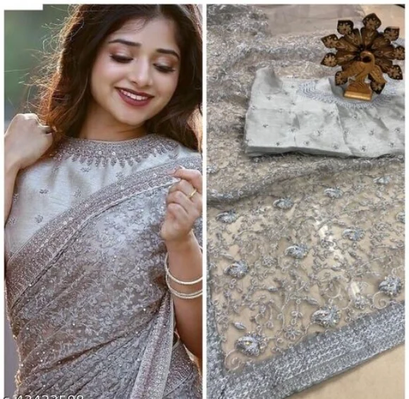 CHARVI DRISHYA Net Grey Color Sarees With Banarsi Silk Running Blouse